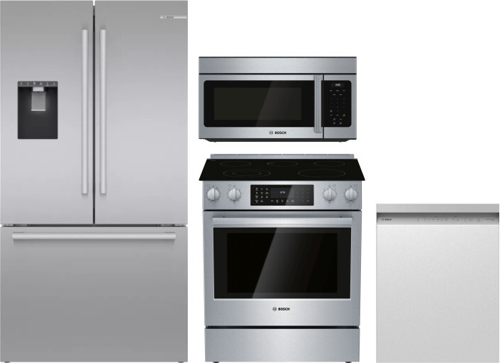 Bosch 4 Piece Kitchen Appliances Package with French Door Refrigerator, Electric Range, Dishwasher and Over the Range Microwave in Stainless Steel BOR