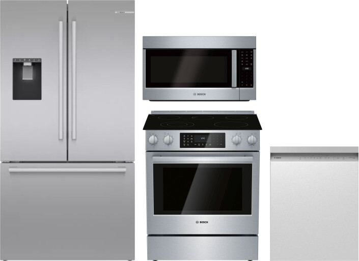 Bosch 4 Piece Kitchen Appliances Package with French Door Refrigerator, Electric Range, Dishwasher and Over the Range Microwave in Stainless Steel BOR