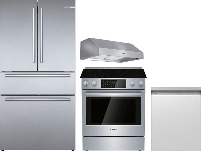 Bosch 4 Piece Kitchen Appliances Package with French Door Refrigerator, Electric Range and Dishwasher in Stainless Steel BORERADWRH644