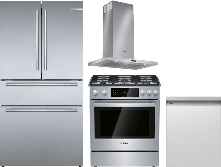 Bosch 4 Piece Kitchen Appliances Package with French Door Refrigerator, Gas Range and Dishwasher in Stainless Steel BORERADWRH645