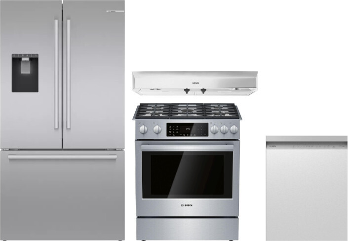 Bosch 4 Piece Kitchen Appliances Package with French Door Refrigerator, Dual Fuel Range and Dishwasher in Stainless Steel BORERADWRH646