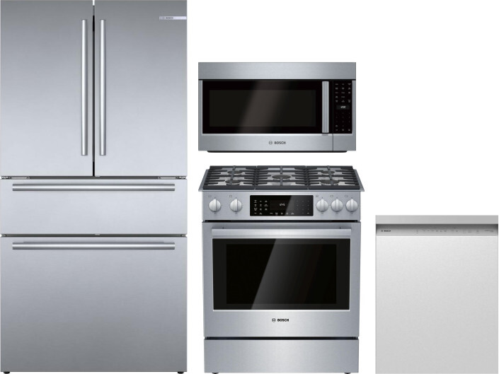 Bosch 4 Piece Kitchen Appliances Package with French Door Refrigerator, Dual Fuel Range, Dishwasher and Over the Range Microwave in Stainless Steel BO
