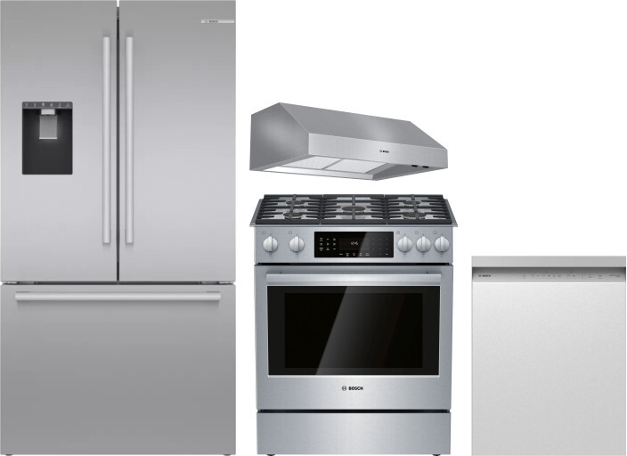 Bosch 4 Piece Kitchen Appliances Package with French Door Refrigerator, Gas Range and Dishwasher in Stainless Steel BORERADWRH647