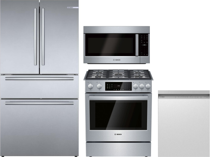 Bosch 4 Piece Kitchen Appliances Package with French Door Refrigerator, Gas Range, Dishwasher and Over the Range Microwave in Stainless Steel BORERADW