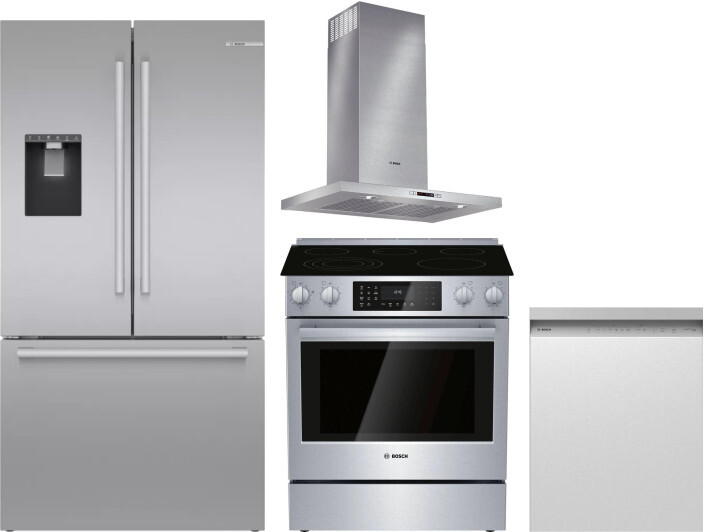 Bosch 4 Piece Kitchen Appliances Package with French Door Refrigerator, Electric Range and Dishwasher in Stainless Steel BORERADWRH648