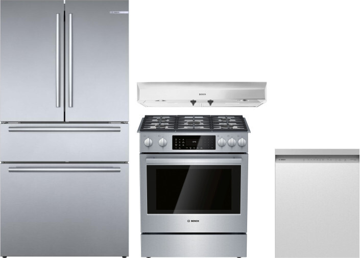 Bosch 4 Piece Kitchen Appliances Package with French Door Refrigerator, Dual Fuel Range and Dishwasher in Stainless Steel BORERADWRH649