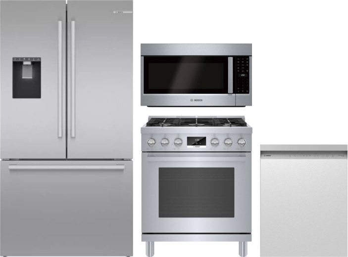 Bosch 4 Piece Kitchen Appliances Package with French Door Refrigerator, Gas Range, Dishwasher and Over the Range Microwave in Stainless Steel BORERADW