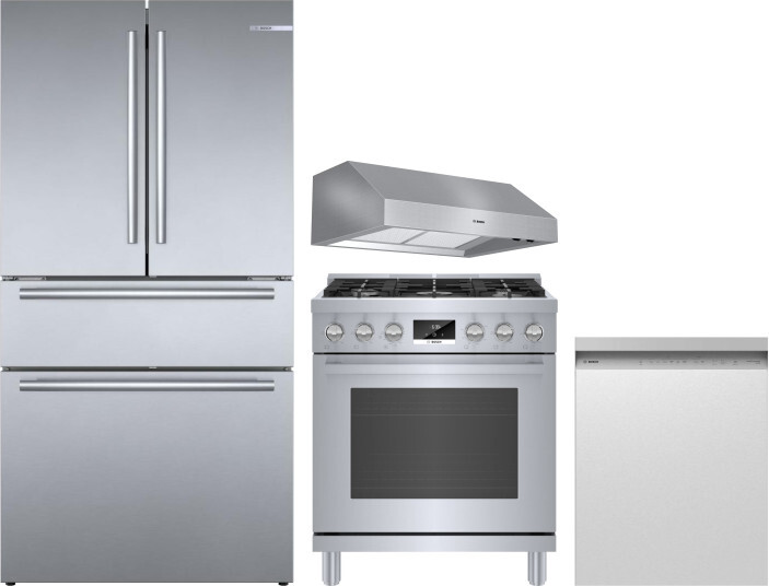Bosch 4 Piece Kitchen Appliances Package with French Door Refrigerator, Gas Range and Dishwasher in Stainless Steel BORERADWRH650