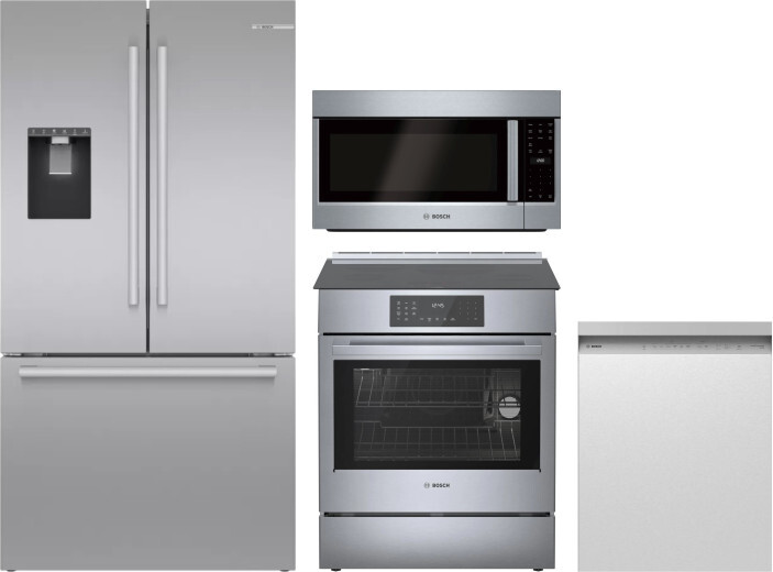 Bosch 4 Piece Kitchen Appliances Package with French Door Refrigerator, Induction Range, Dishwasher and Over the Range Microwave in Stainless Steel BO