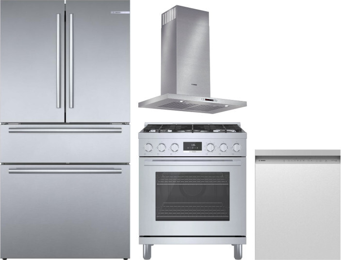 Bosch 4 Piece Kitchen Appliances Package with French Door Refrigerator, Dual Fuel Range and Dishwasher in Stainless Steel BORERADWRH651