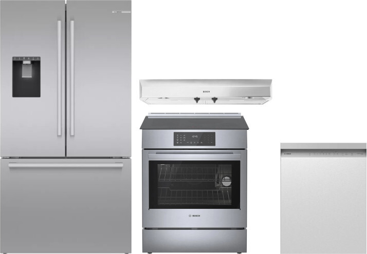 Bosch 4 Piece Kitchen Appliances Package with French Door Refrigerator, Induction Range and Dishwasher in Stainless Steel BORERADWRH652