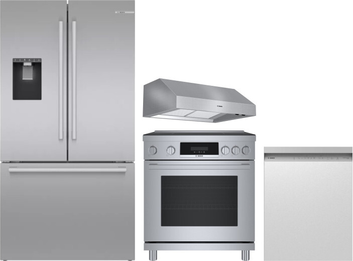 Bosch 4 Piece Kitchen Appliances Package with French Door Refrigerator, Induction Range and Dishwasher in Stainless Steel BORERADWRH653