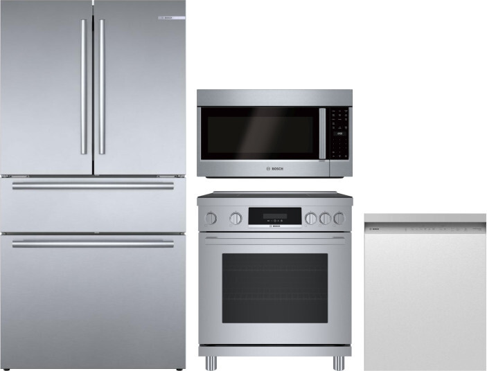 Bosch 4 Piece Kitchen Appliances Package with French Door Refrigerator, Induction Range, Dishwasher and Over the Range Microwave in Stainless Steel BO