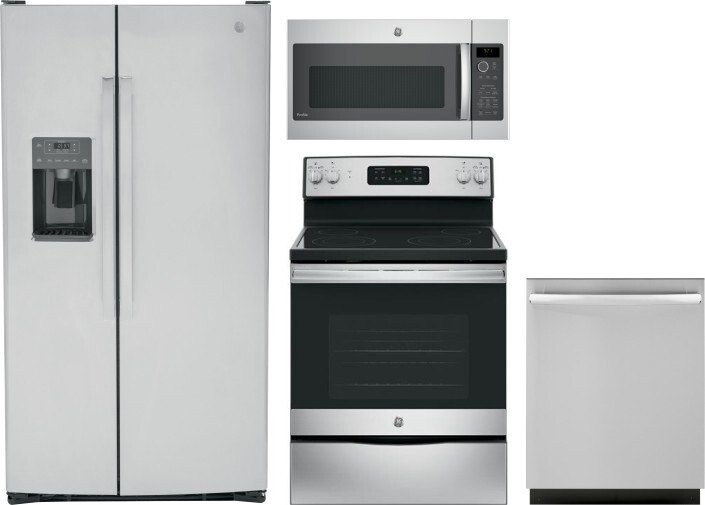 GE 4 Piece Kitchen Appliances Package with Side-by-Side Refrigerator, Electric Range, Dishwasher and Over the Range Microwave in Stainless Steel GERER -  GSS25GYPFS