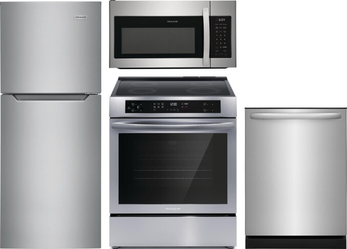 Frigidaire 4 Piece Kitchen Appliances Package with Top Freezer Refrigerator, Induction Range, Dishwasher and Over the Range Microwave in Brushed Stain