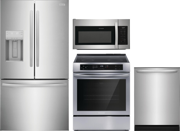 Frigidaire 4 Piece Kitchen Appliances Package with French Door Refrigerator, Induction Range, Dishwasher and Over the Range Microwave in Stainless Ste
