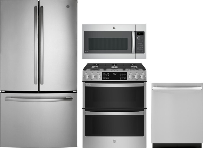 GE 4 Piece Kitchen Appliances Package with French Door Refrigerator, Gas Range, Dishwasher and Over the Range Microwave in Stainless Steel GERERADWMW1