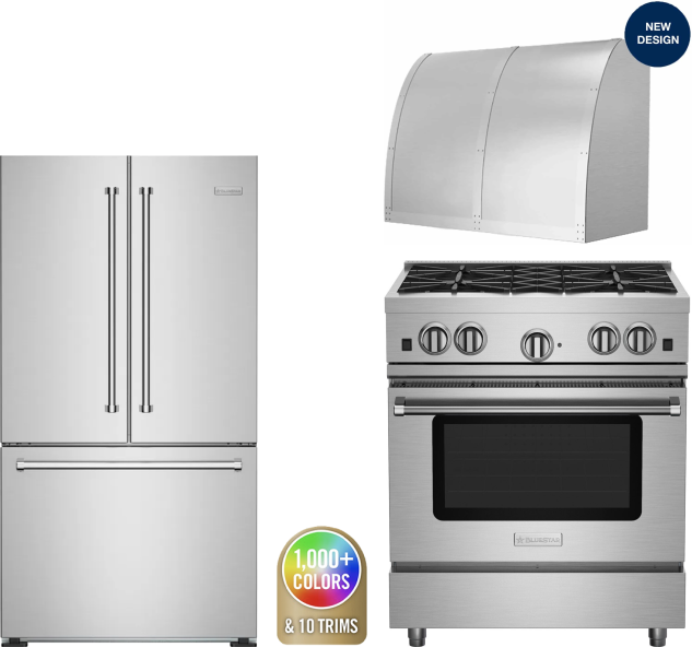 BlueStar 3 Piece Kitchen Appliances Package with French Door Refrigerator and Gas Range in Custom Colors BLRERADWRH621