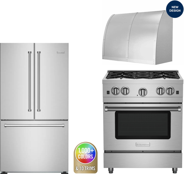 BlueStar 3 Piece Kitchen Appliances Package with French Door Refrigerator and Gas Range in Custom Colors BLRERADWRH622