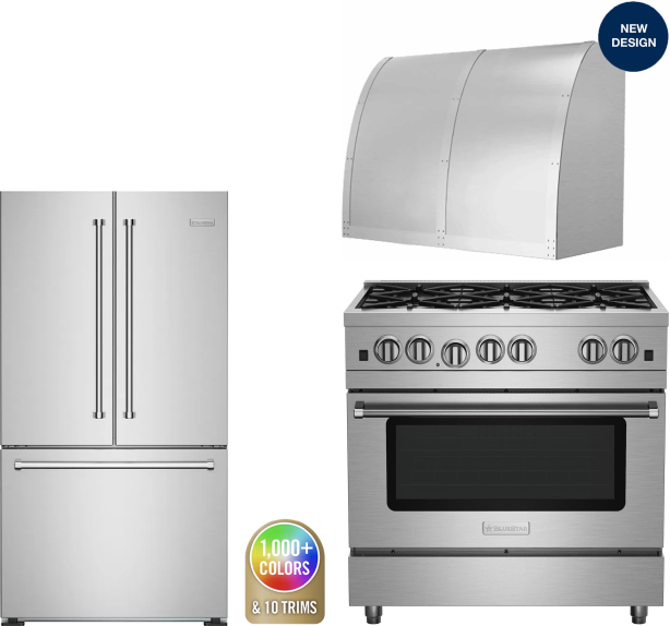 BlueStar 3 Piece Kitchen Appliances Package with French Door Refrigerator and Gas Range in Custom Colors BLRERADWRH624