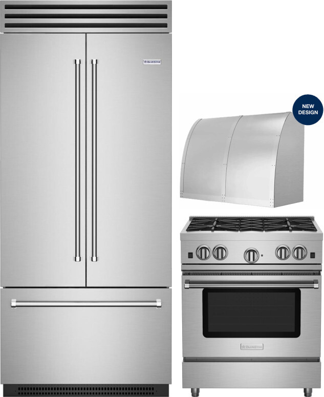 BlueStar 3 Piece Kitchen Appliances Package with French Door Refrigerator and Gas Range in Stainless Steel BLRERADWRH625