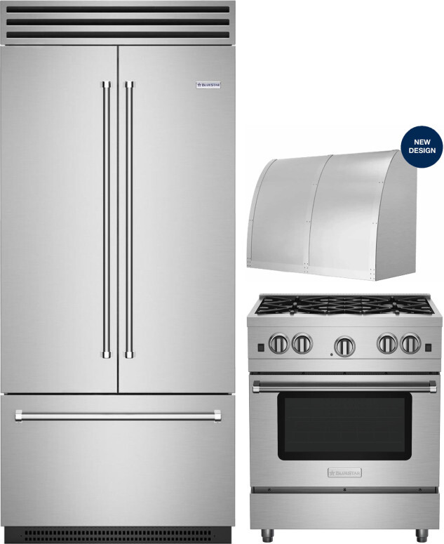 BlueStar 3 Piece Kitchen Appliances Package with French Door Refrigerator and Gas Range in Stainless Steel BLRERADWRH626