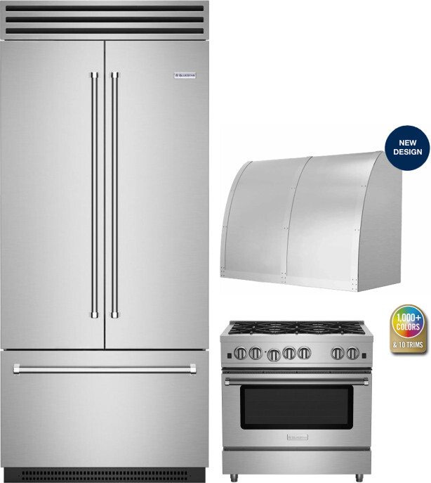 BlueStar 3 Piece Kitchen Appliances Package with French Door Refrigerator and Gas Range in Stainless Steel BLRERADWRH627