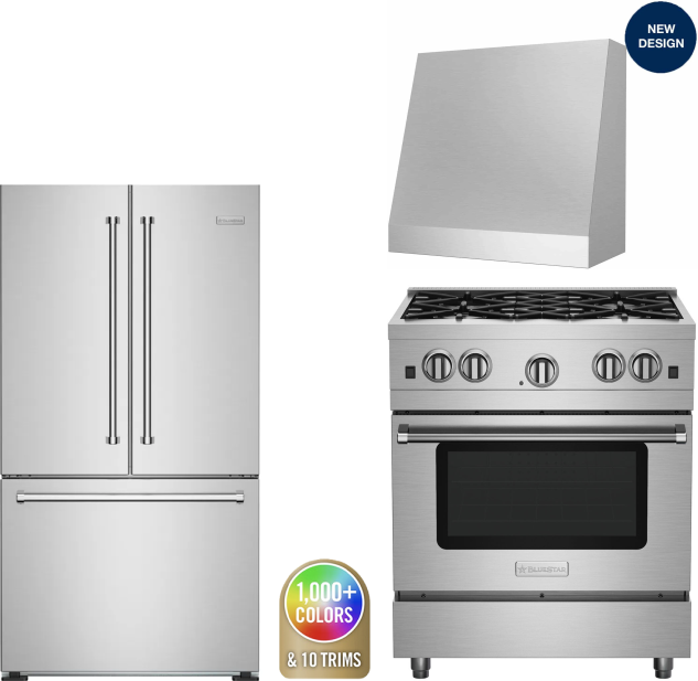 BlueStar 3 Piece Kitchen Appliances Package with French Door Refrigerator and Gas Range in Custom Colors BLRERADWRH630