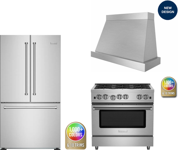 BlueStar 3 Piece Kitchen Appliances Package with French Door Refrigerator and Gas Range in Custom Colors BLRERADWRH631