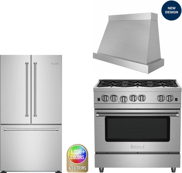 BlueStar 3 Piece Kitchen Appliances Package with French Door Refrigerator and Gas Range in Custom Colors BLRERADWRH632