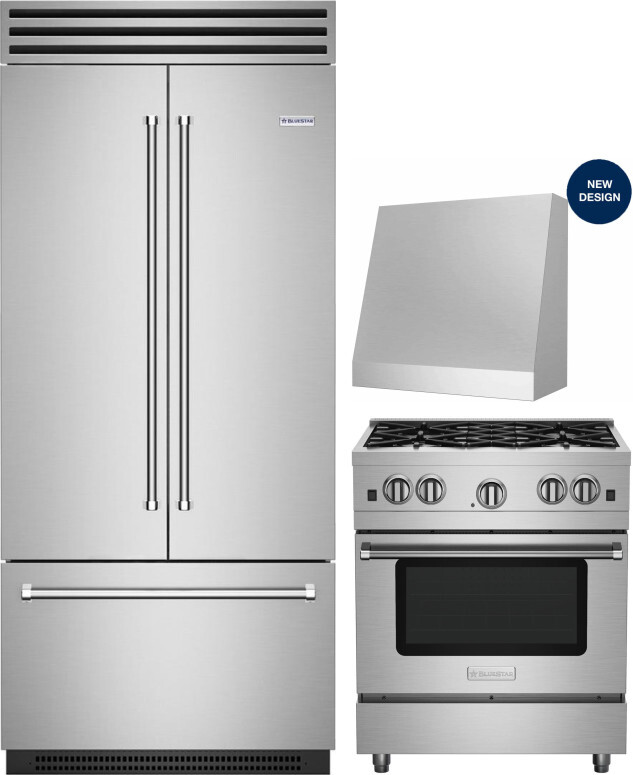 BlueStar 3 Piece Kitchen Appliances Package with French Door Refrigerator and Gas Range in Stainless Steel BLRERADWRH634