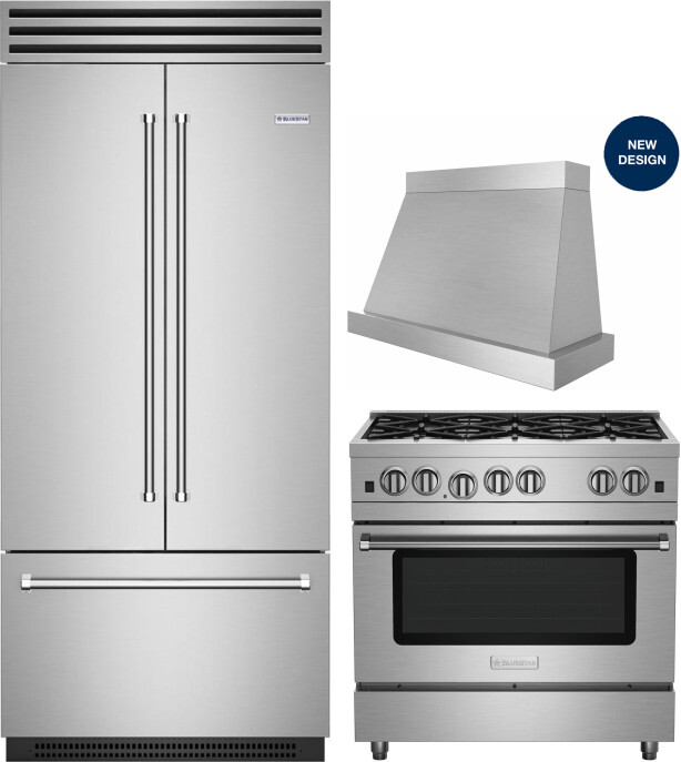 BlueStar 3 Piece Kitchen Appliances Package with French Door Refrigerator and Gas Range in Stainless Steel BLRERADWRH636
