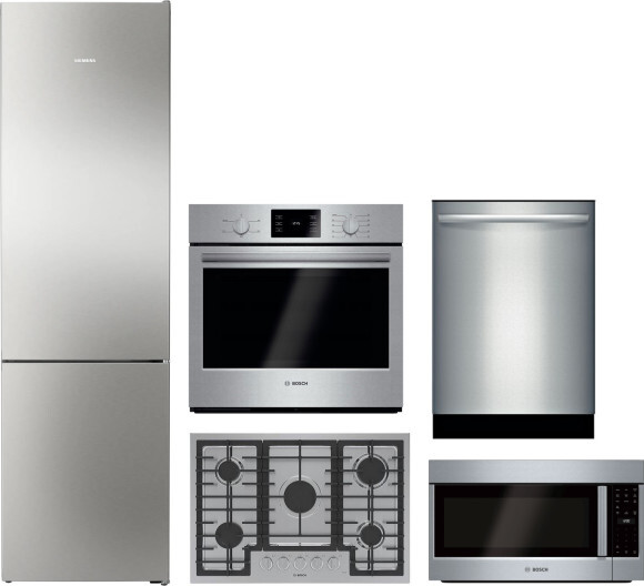 Bosch 800 5 Piece Kitchen Appliances Package with Bottom Freezer Refrigerator, Dishwasher and Over the Range Microwave in Stainless Steel BORECTWODWMW