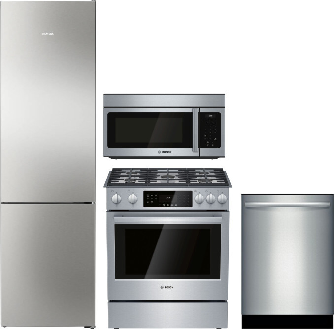 Bosch 800 4 Piece Kitchen Appliances Package with Bottom Freezer Refrigerator, Gas Range, Dishwasher and Over the Range Microwave in Stainless Steel B