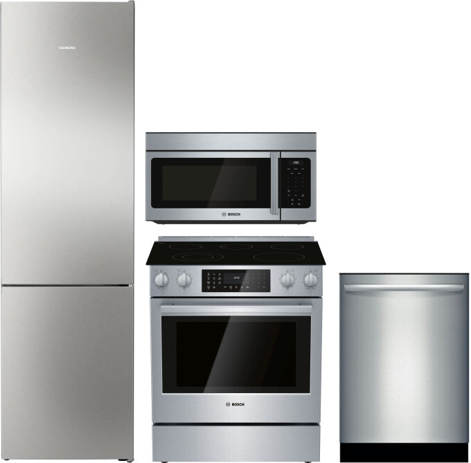 Bosch 800 4 Piece Kitchen Appliances Package with Bottom Freezer Refrigerator, Electric Range, Dishwasher and Over the Range Microwave in Stainless St
