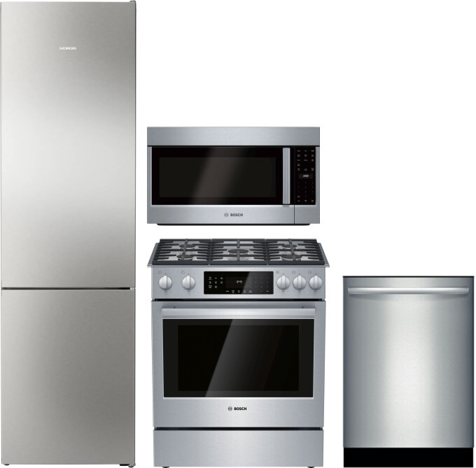 Bosch 800 4 Piece Kitchen Appliances Package with Bottom Freezer Refrigerator, Gas Range, Dishwasher and Over the Range Microwave in Stainless Steel B