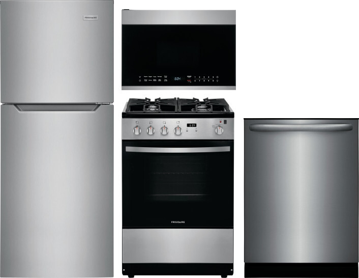 Frigidaire 4 Piece Kitchen Appliances Package with Top Freezer Refrigerator, Gas Range, Dishwasher and Over the Range Microwave in Brushed Stainless S