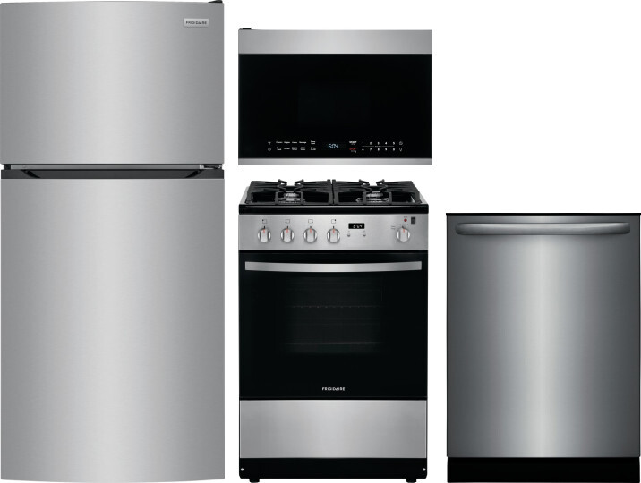 Frigidaire 4 Piece Kitchen Appliances Package with Top Freezer Refrigerator, Gas Range, Dishwasher and Over the Range Microwave in Brushed Stainless S