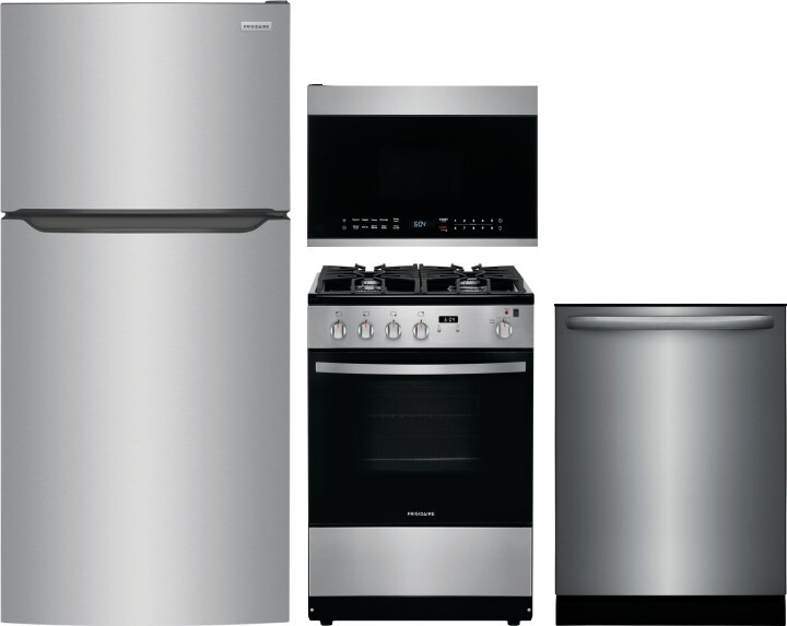Frigidaire 4 Piece Kitchen Appliances Package with Top Freezer Refrigerator, Gas Range, Dishwasher and Over the Range Microwave in Stainless Steel FRR