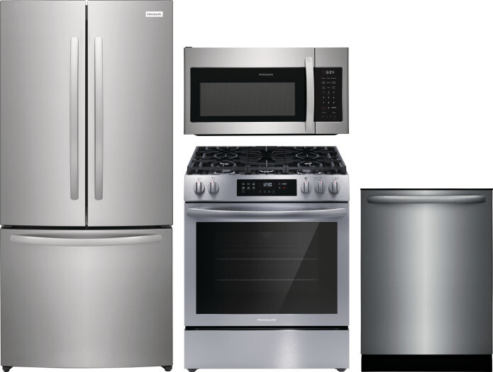Frigidaire 4 Piece Kitchen Appliances Package with French Door Refrigerator, Gas Range, Dishwasher and Over the Range Microwave in Stainless Steel FRR