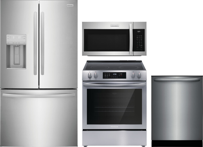 Frigidaire 4 Piece Kitchen Appliances Package with French Door Refrigerator, Electric Range, Dishwasher and Over the Range Microwave in Stainless Stee