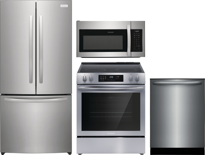 Frigidaire 4 Piece Kitchen Appliances Package with French Door Refrigerator, Electric Range, Dishwasher and Over the Range Microwave in Stainless Stee