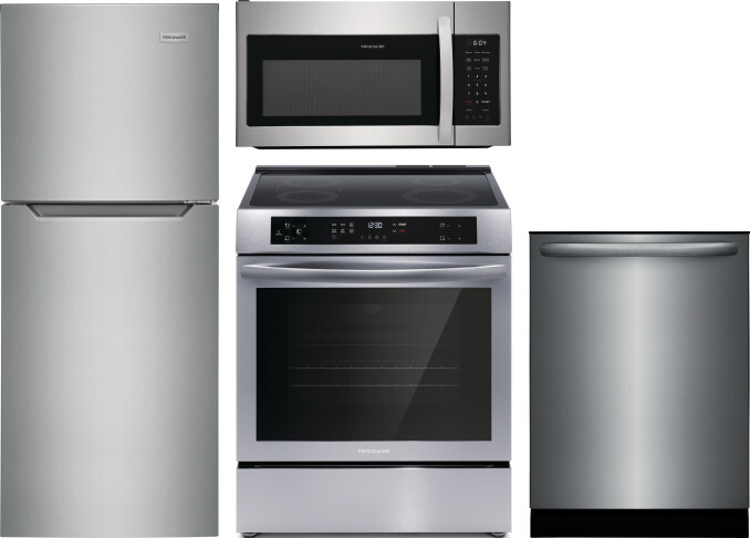 Frigidaire 4 Piece Kitchen Appliances Package with Top Freezer Refrigerator, Induction Range, Dishwasher and Over the Range Microwave in Brushed Stain