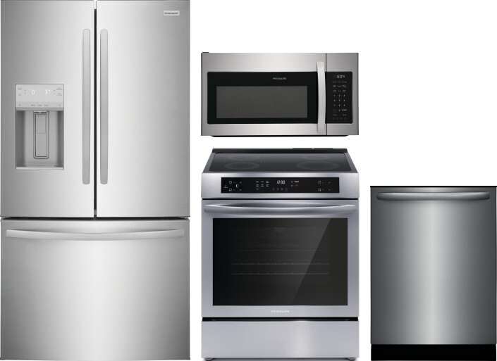 Frigidaire 4 Piece Kitchen Appliances Package with French Door Refrigerator, Induction Range, Dishwasher and Over the Range Microwave in Stainless Ste