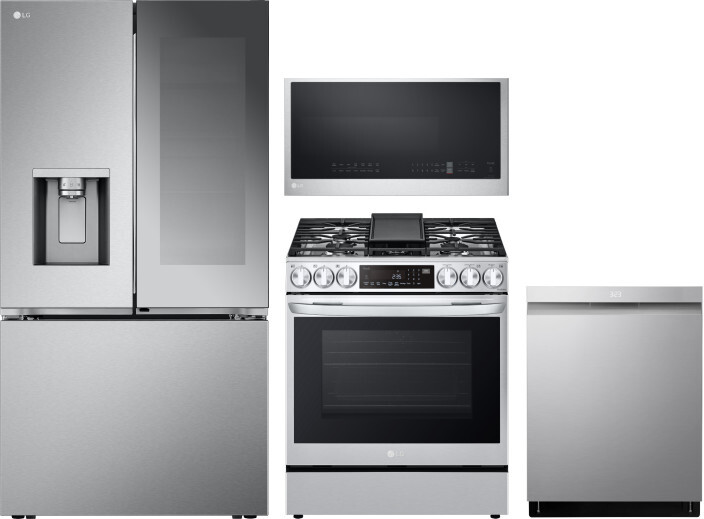 LG 4 Piece Kitchen Appliances Package with French Door Refrigerator, Gas Range, Over the Range Microwave and Dishwasher in Stainless Steel LGRERADWMW2