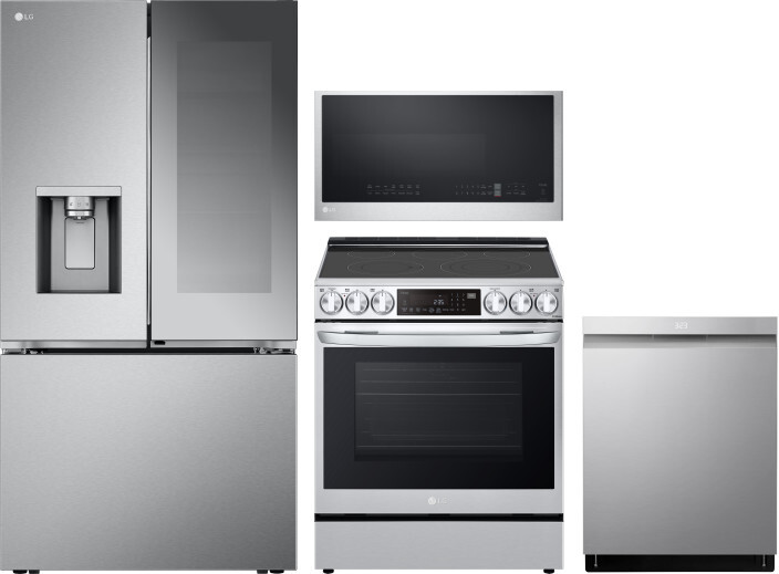 LG 4 Piece Kitchen Appliances Package with French Door Refrigerator, Electric Range, Over the Range Microwave and Dishwasher in Stainless Steel LGRERA