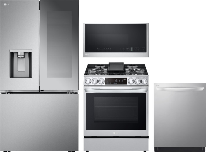 LG 4 Piece Kitchen Appliances Package with French Door Refrigerator, Gas Range, Over the Range Microwave and Dishwasher in Stainless Steel LGRERADWMW2