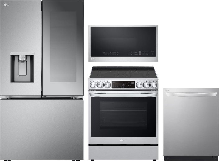 LG 4 Piece Kitchen Appliances Package with French Door Refrigerator, Electric Range, Over the Range Microwave and Dishwasher in Stainless Steel LGRERA