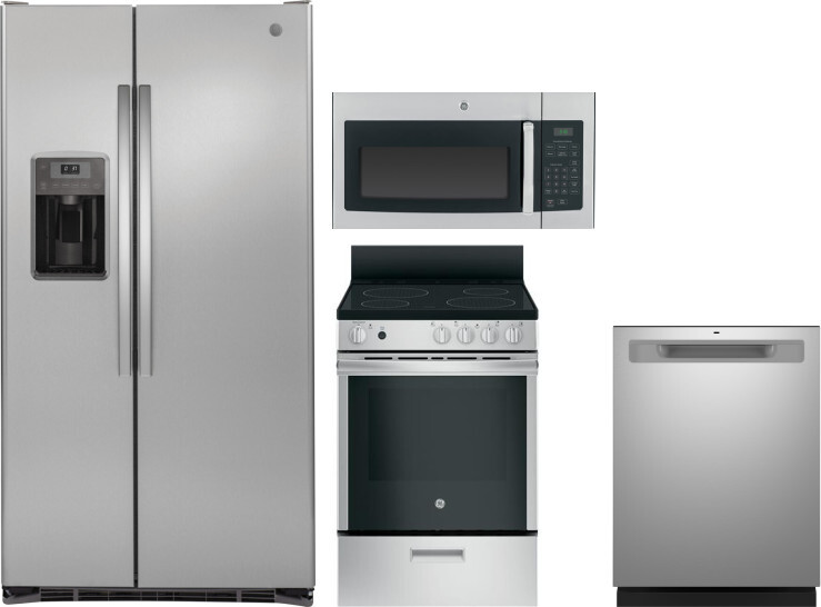 GE 4 Piece Kitchen Appliances Package with Side-by-Side Refrigerator, Electric Range, Dishwasher and Over the Range Microwave in Stainless Steel GERER