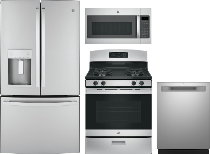GE 4 Piece Kitchen Appliances Package with French Door Refrigerator, Gas Range, Dishwasher and Over the Range Microwave in Stainless Steel GERERADWMW1